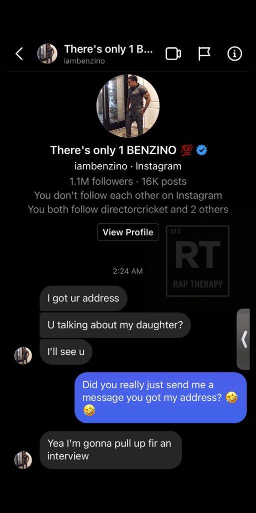Benzino Instagram DM saying I got your address and threatening to pull up