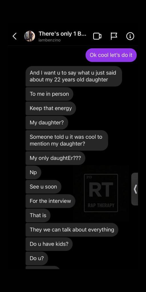 Ray Benzino messages about his daughter and demanding in person response