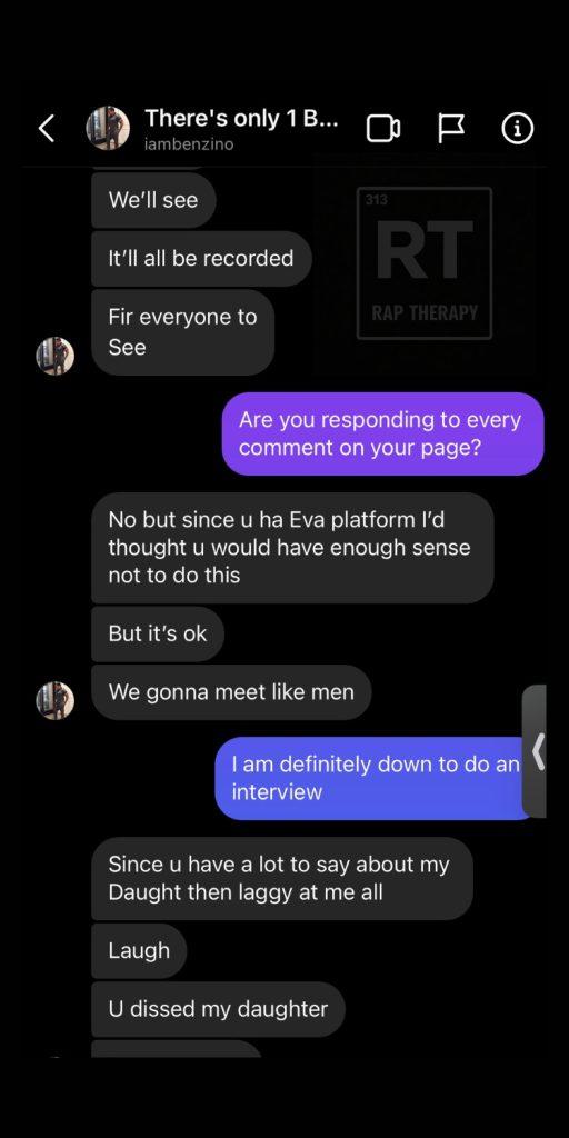 Benzino Royce Da 5’9 beef DM screenshot Benzino says meeting will be recorded and pushes in person confrontation