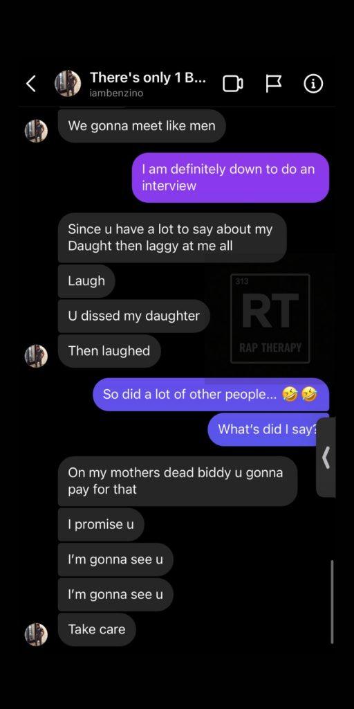 Benzino Royce Da 5’9 beef Instagram DM Benzino says we gonna meet like men and accuses you of dissing his daughter